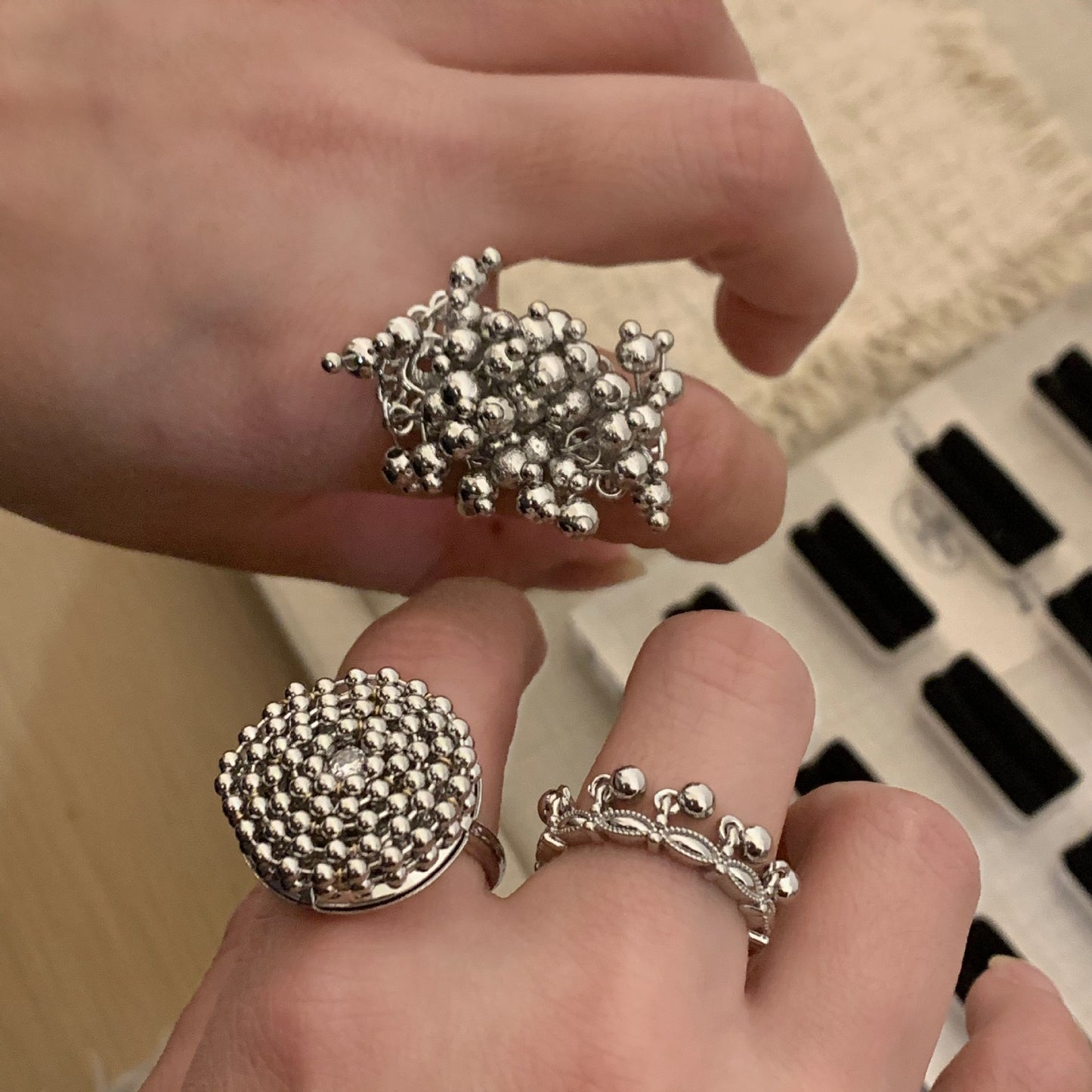 Women's Light Luxury Handmade Woven Crystal Tassel Exaggerated Sier Water Ring