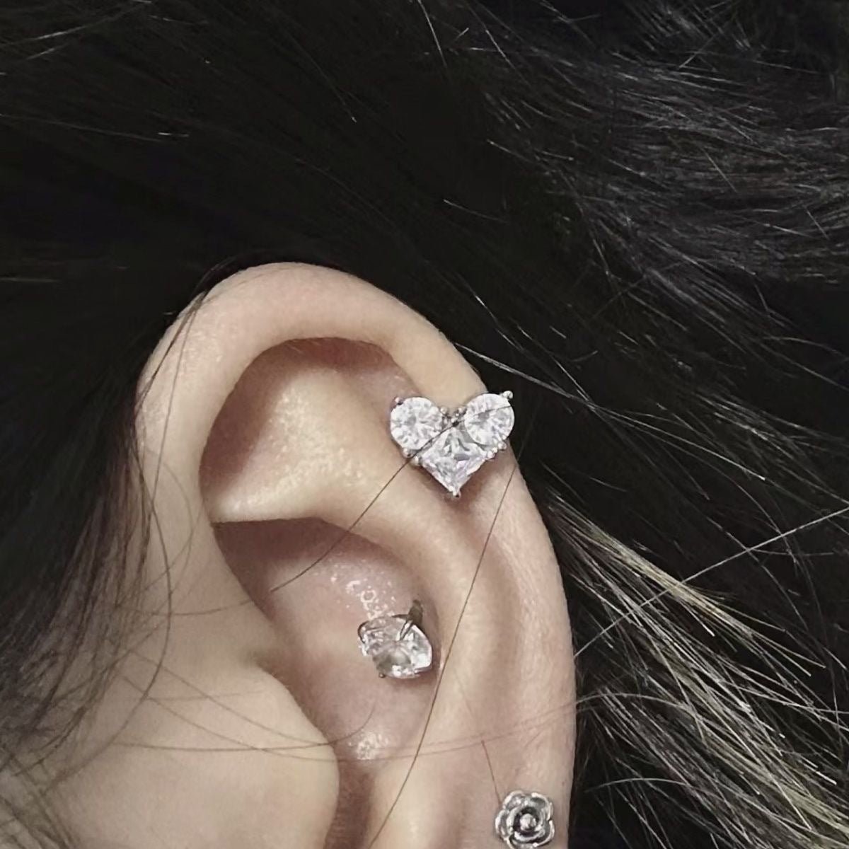 Heart Shape With Diamond Female Sweet Cool Design Sense Zircon Stud Earrings
