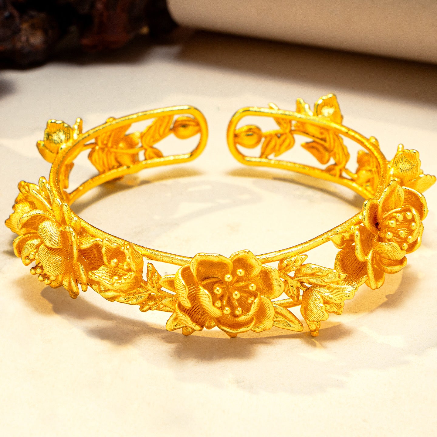Women's Ancient Style Alluvial Gold Rich Peony Simulation Adjustable Opening Flower Bracelet