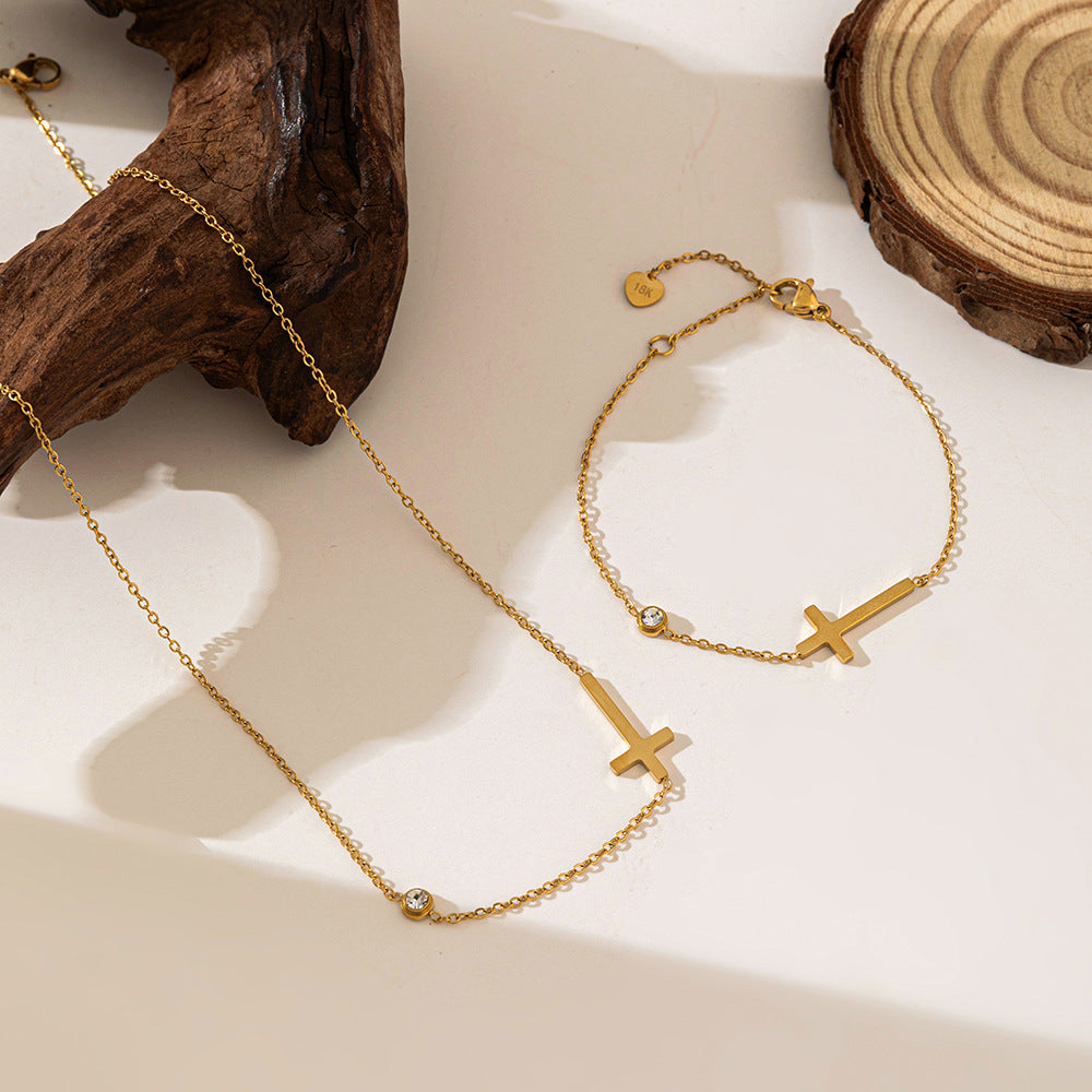 Niche Retro Simple Cross Female Gold Color Trendy Jewelry Set