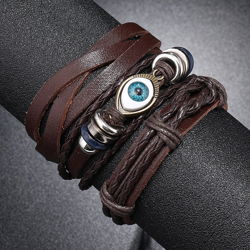 Men's Woven Eyes Leather Three-piece Set Layered Bracelets