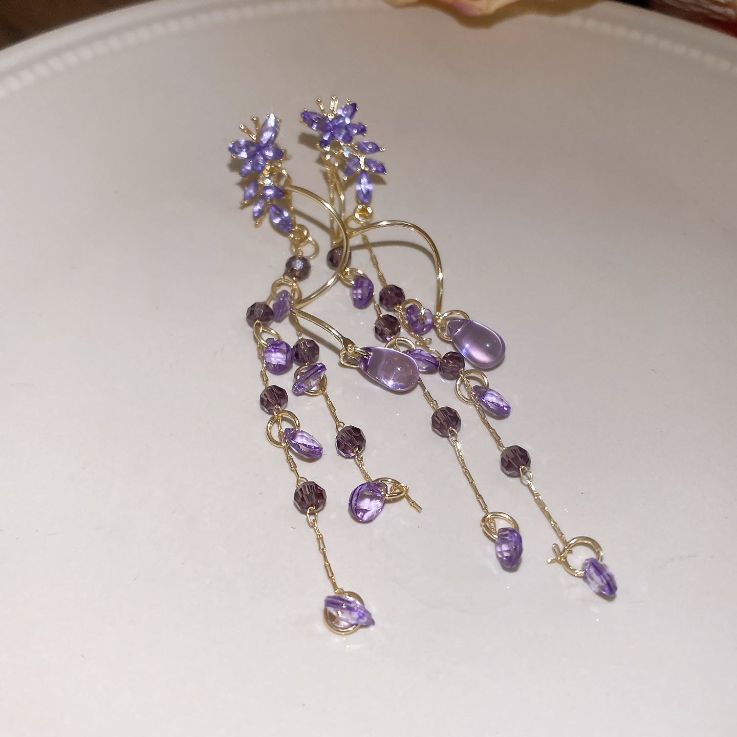 Sier Needle Light Luxury Diamond Butterfly Glass Water Drop Tassel Earrings
