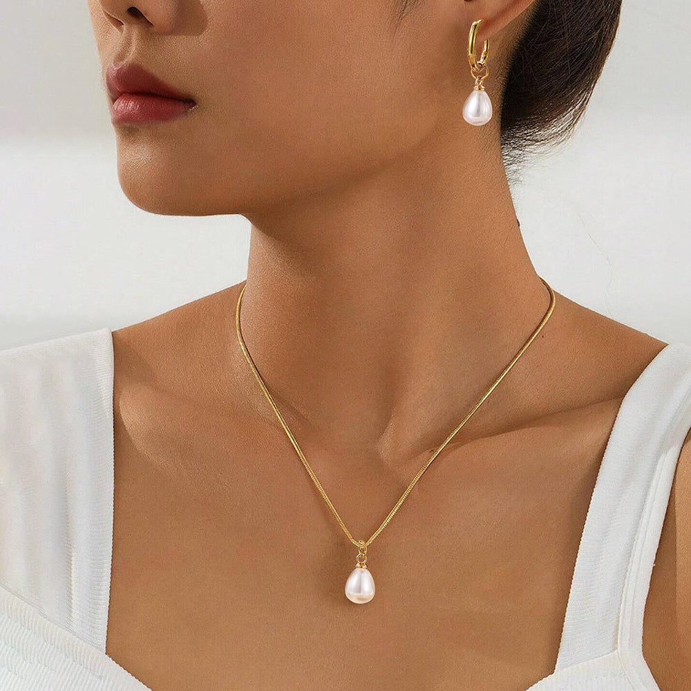 Stainless Steel Style High-grade Water Drop Pearl Suite Female Jewelry Set
