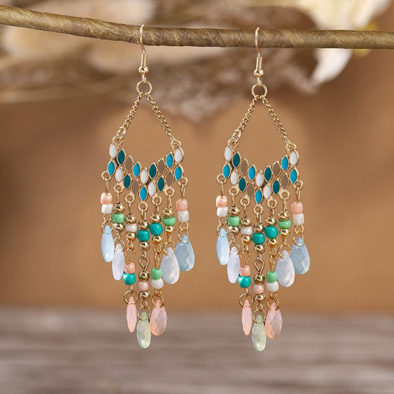 Ethnic Style Tassel Long Bohemian Crystal Yunnan Summer Earrings