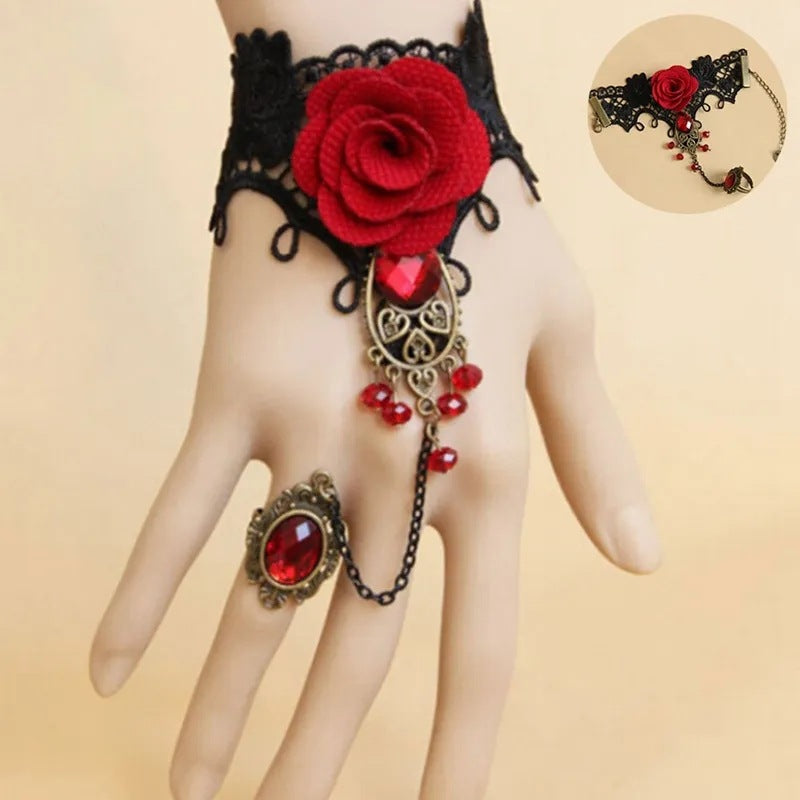 Bracelets noirs de vampire en dentelle de style rose d'Halloween pour femmes