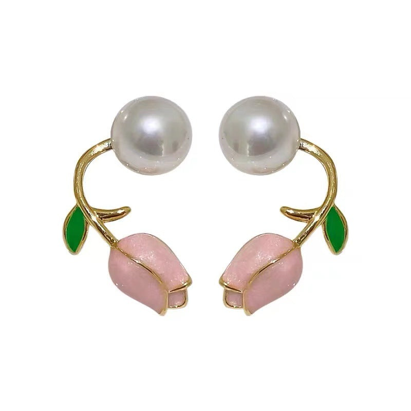 Pink Tulip High Sense Design Temperament Imitation Pearl Earrings