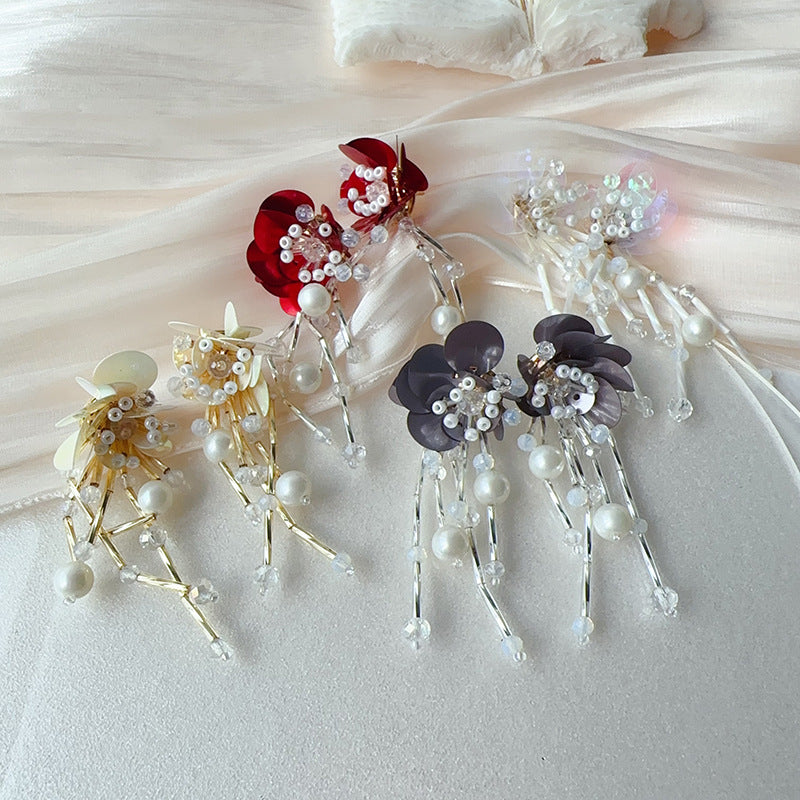 Soft Light Beaded Sequin Tassel Flower Ear Elegant And Earrings