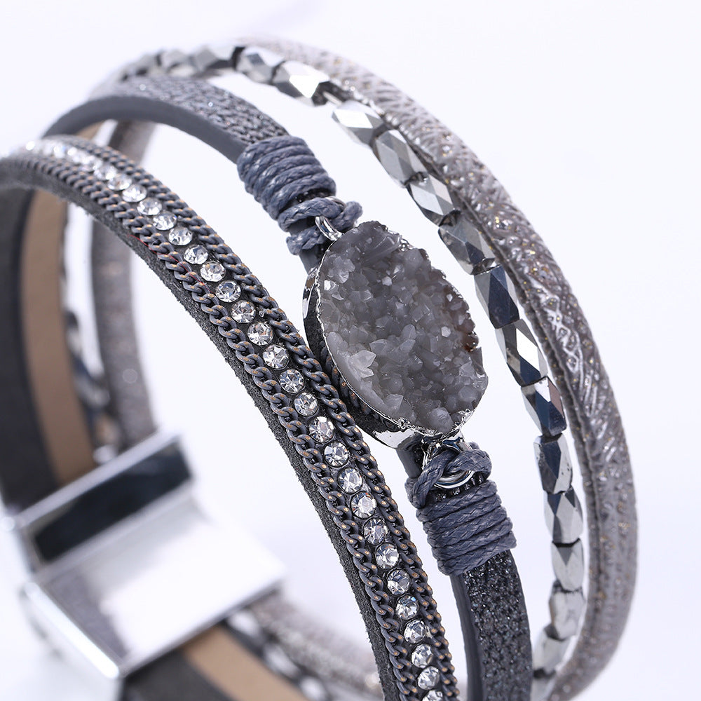 Women's White Crystal Diamond Woven Leather Vintage Bracelets