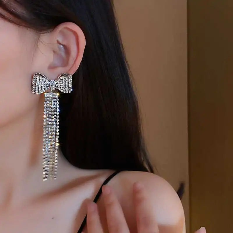 Diamond Bow Long Tassel Unique Exaggerated Earrings