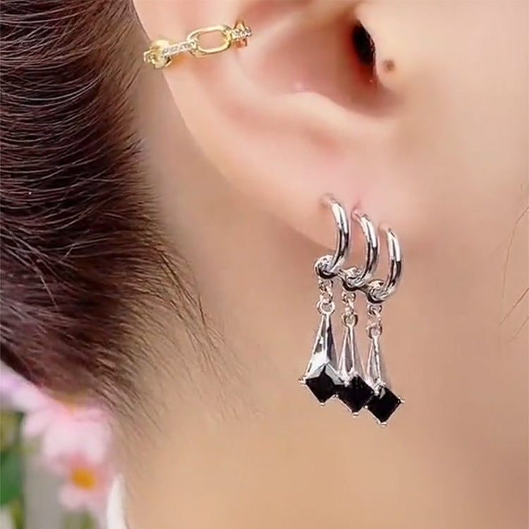 Three Rows Ear Personality Tassel Shiny Diamond Female Stud Earrings