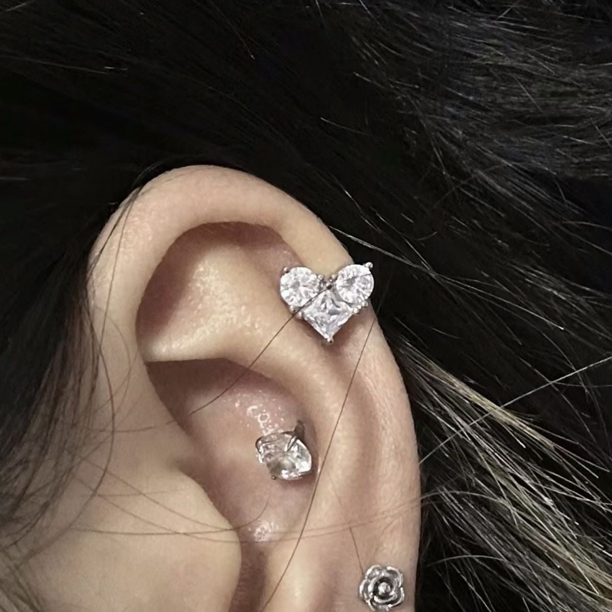 Heart Shape With Diamond Female Sweet Cool Design Sense Zircon Stud Earrings