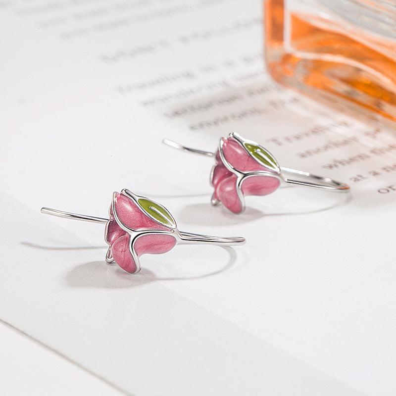 Women's Pink Tulip Elegant Face Small Ear Earrings