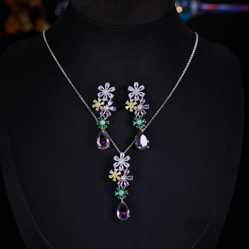 Style Color Zircon Flower Suite Temperament Wild Earrings