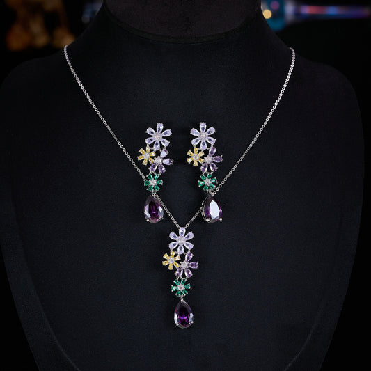 Style Color Zircon Flower Suite Temperament Wild Earrings