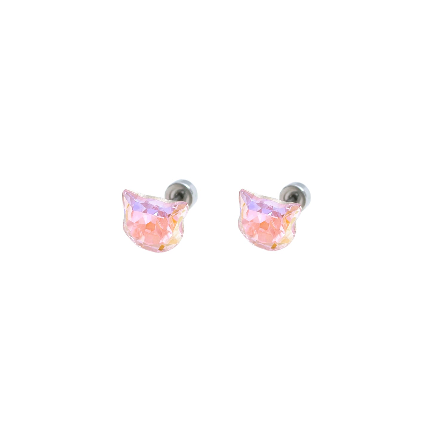 Cool Temperament Super Shiny Crystal Cat Head Titanium Steel Screw Stud Earrings