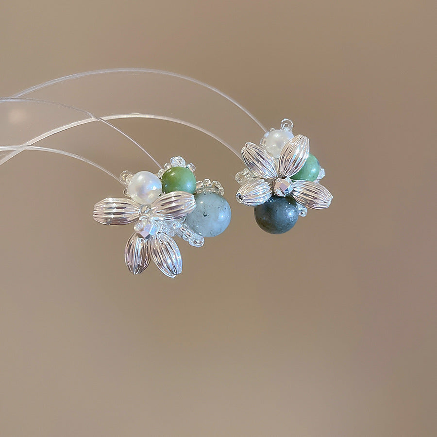 Sier Needle Water Drop Pearl Tassel Long Retro Rings