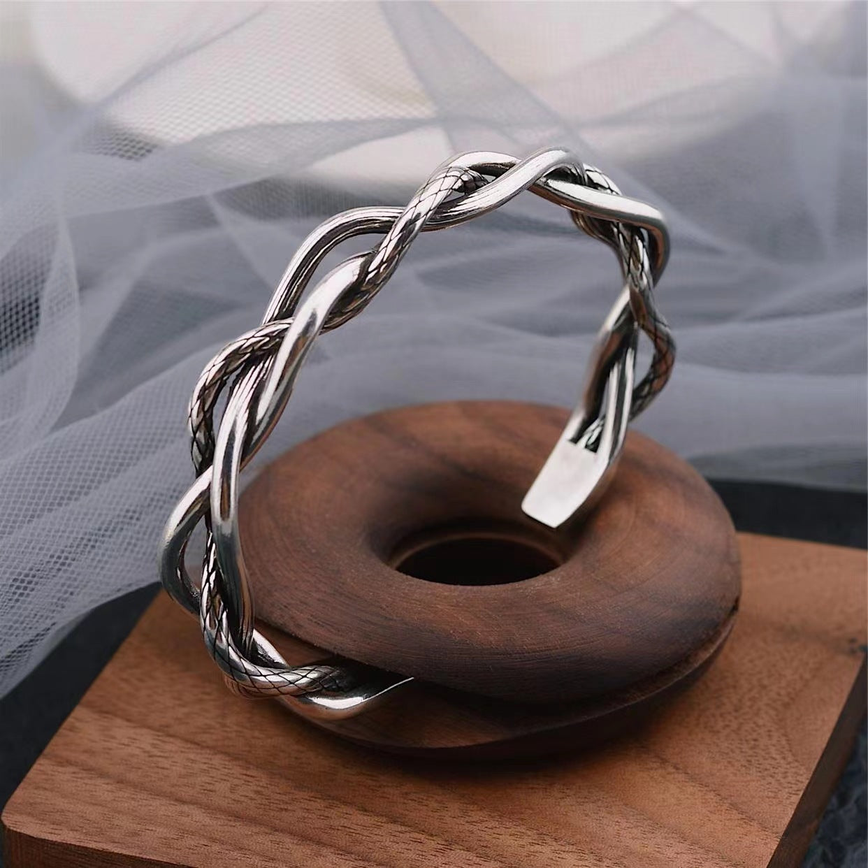 Sier Retro Three-strand Twist Simple Light Luxury Distressed Versatile Opening Bracelets