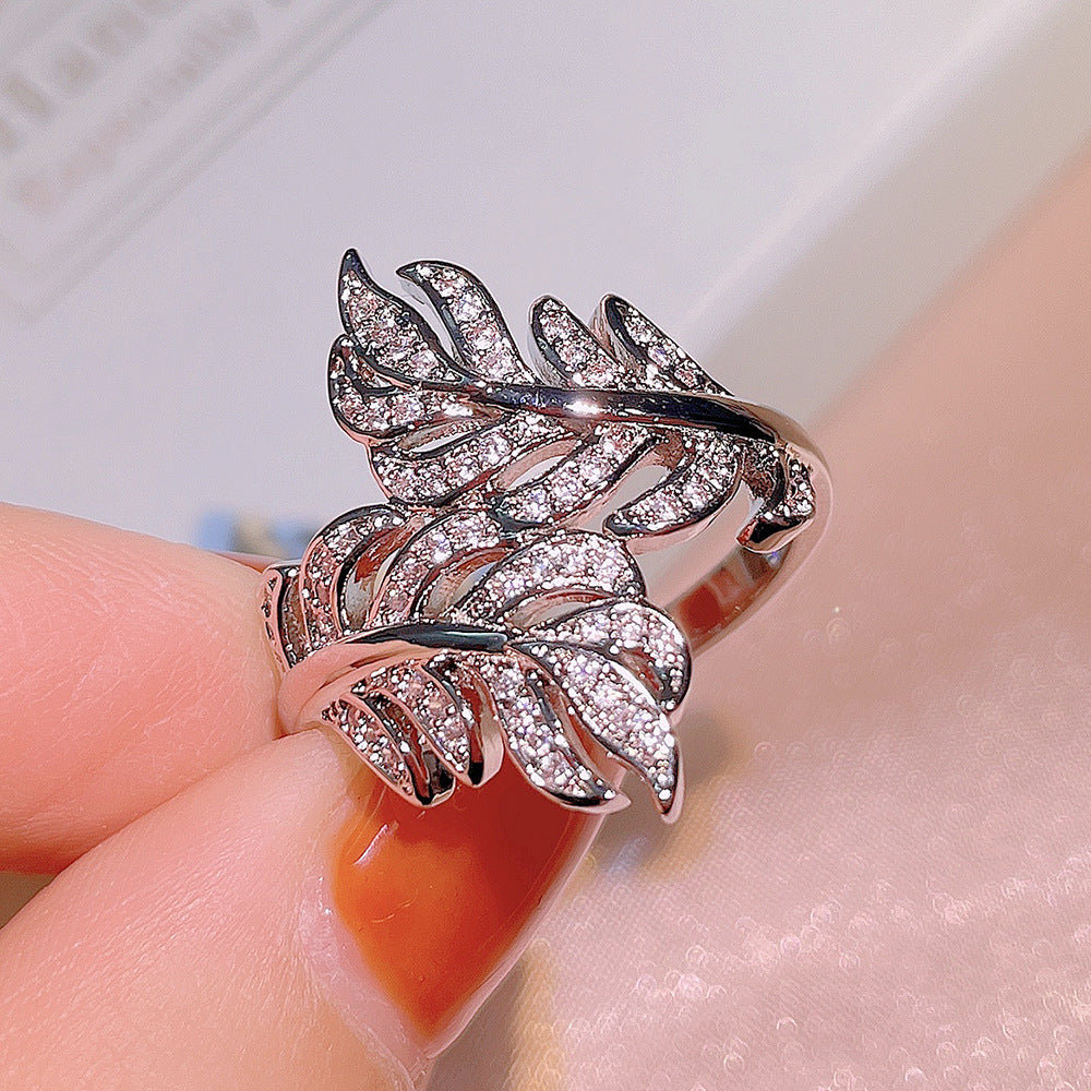 Live Zircon Ornament Fashion Leaf Size Rings