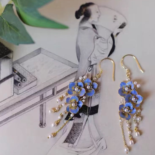 Flower Silk Imitation Burnt Blue Pearl Butterfly Earrings