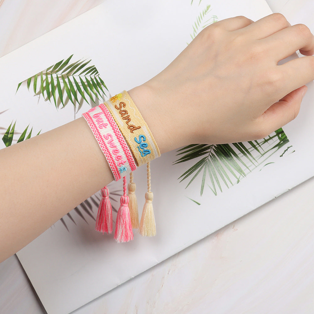 Bracelets goutte d'eau avec lettres brodées tissées pour femmes, élément de plage d'été