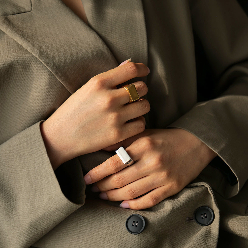 Women's Stainless Steel Long Block Fashion Jewelry Rings