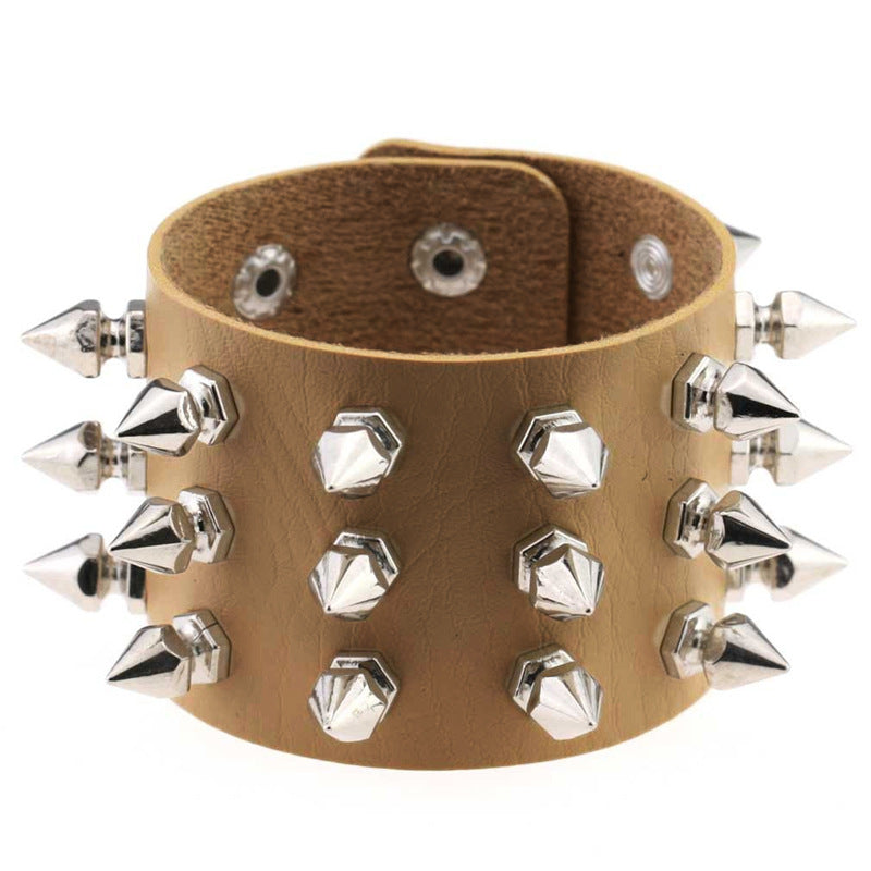 Punk Exaggerated Leather Tapered Pointed Rivet Three Bracelets