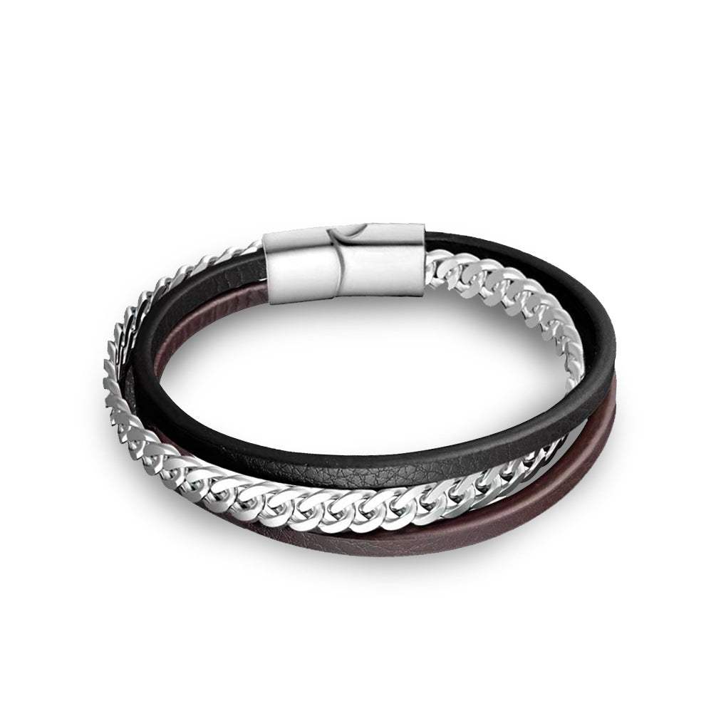 Men's Stainless Steel Leather Rope Magnetic Snap Wrist Bracelets