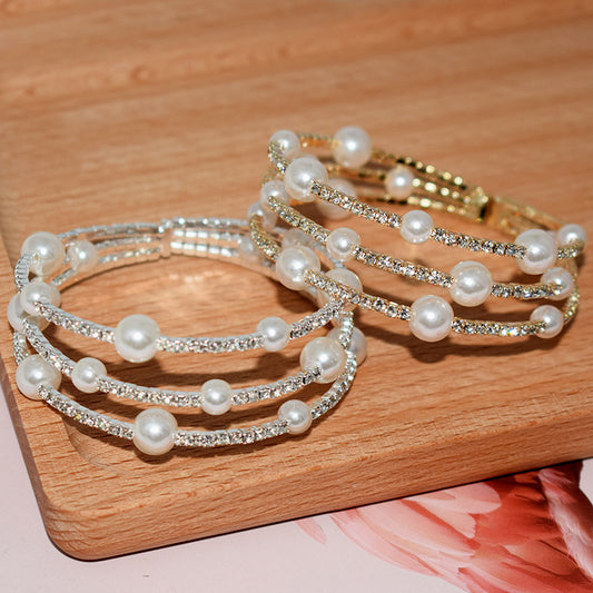 Women's Fashion Exaggerated Rhinestone Pearl Open-ended Temperament Bracelet