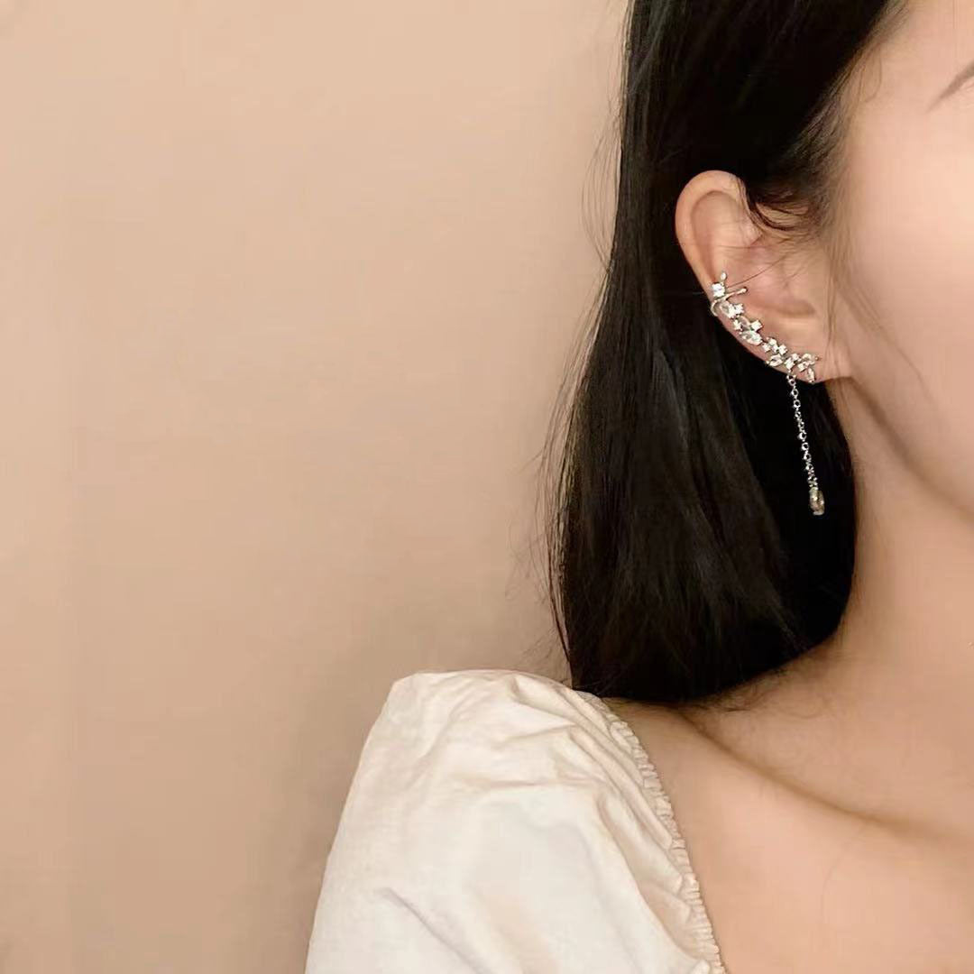 Pearl Zircon Tassel Long Clip-on Elegant Female High Earrings