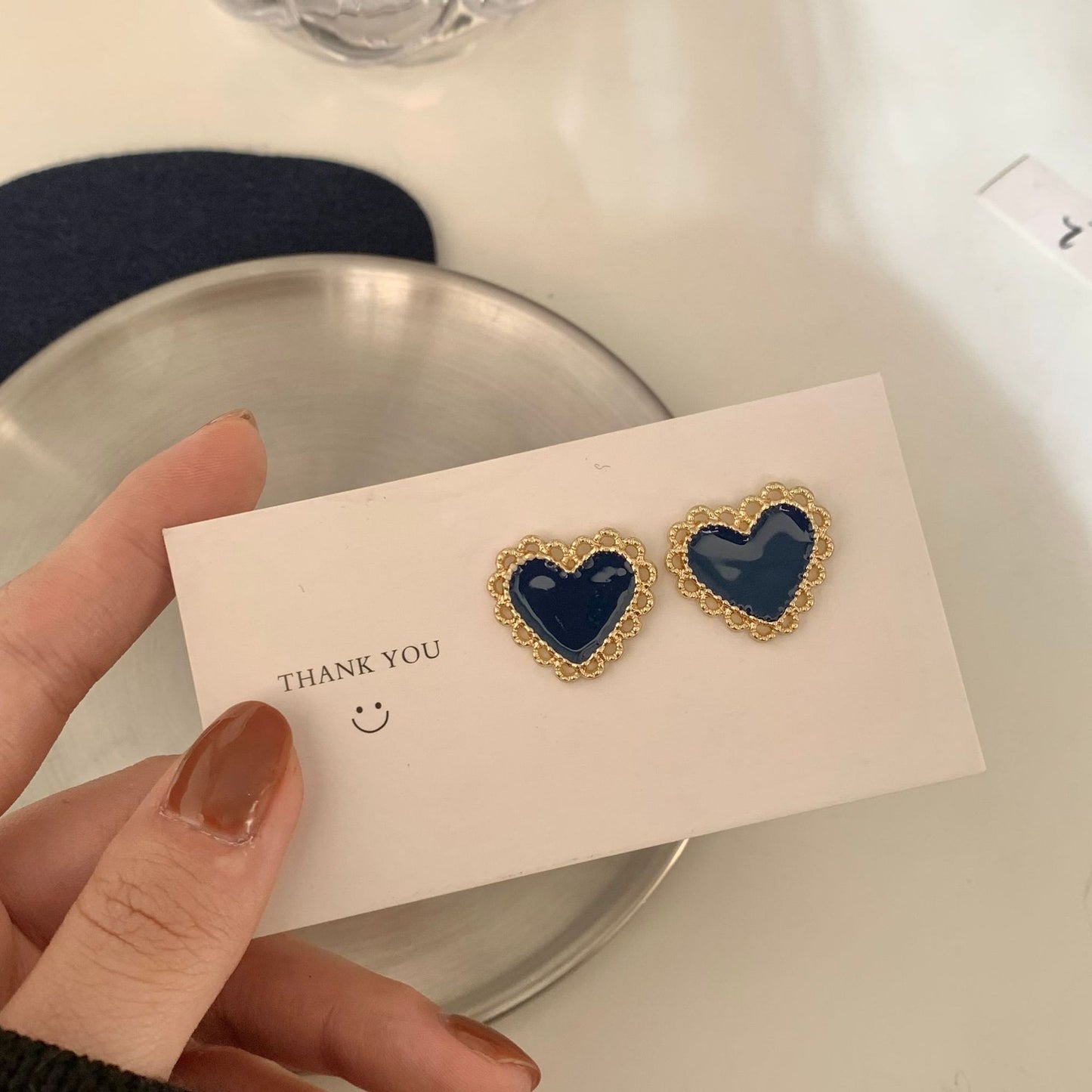 Sier Needle Drop Oil Haze Blue Heart-shaped Earrings