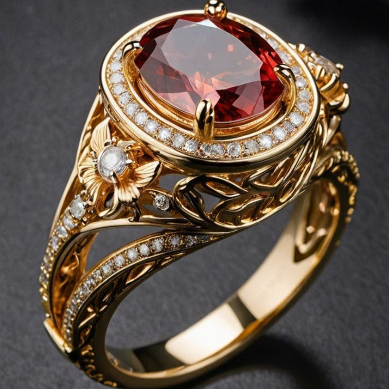 Women's Korean Style Fashionable Round Inlaid Red Rings