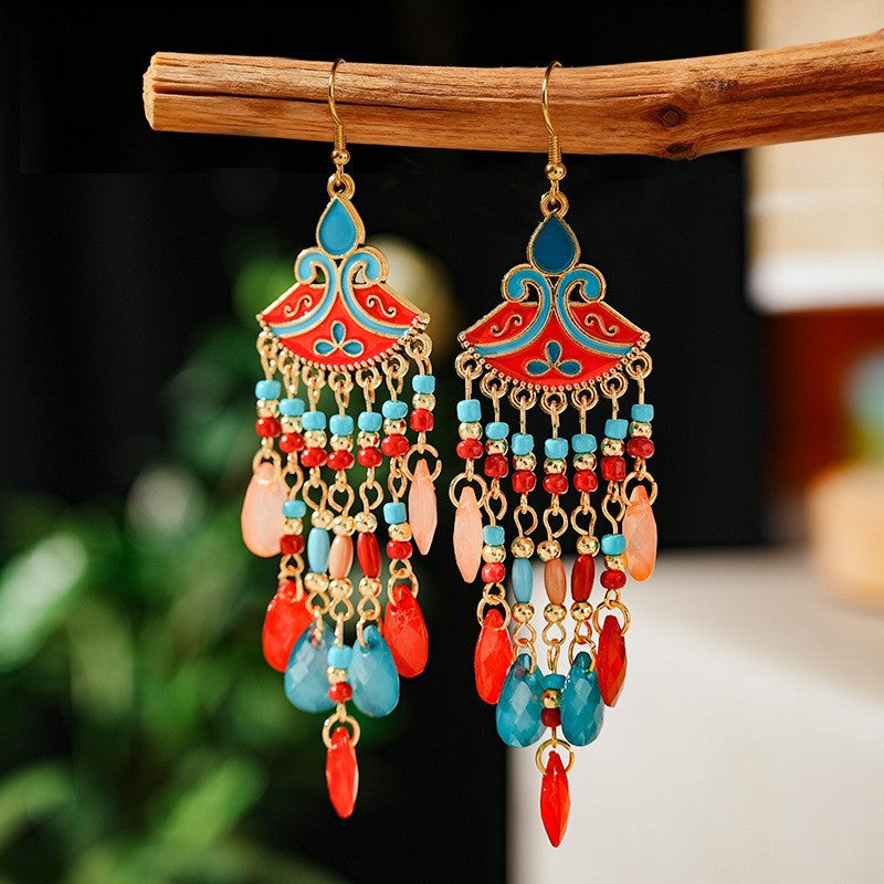 Ethnic Style Tassel Long Bohemian Crystal Yunnan Summer Earrings