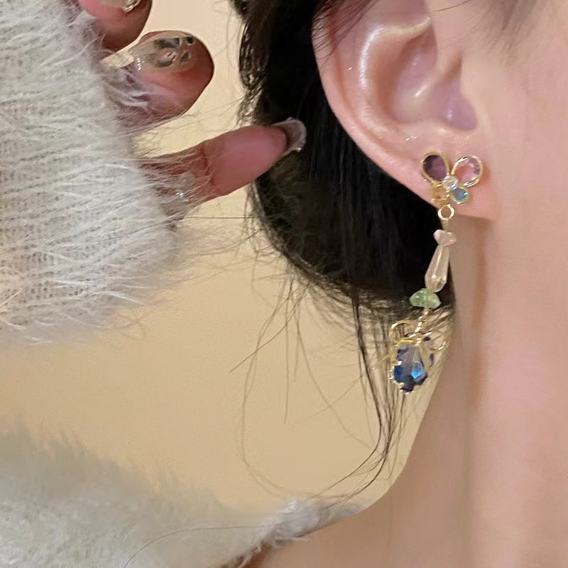 Women's Summer Super Match Mori Style Colorful Crystals Butterfly Long For Stud Earrings