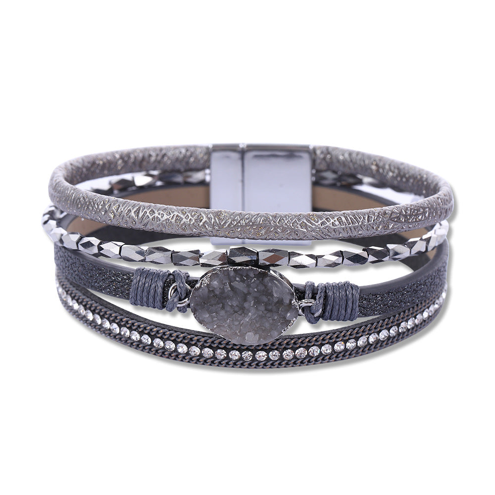 Women's White Crystal Diamond Woven Leather Vintage Bracelets