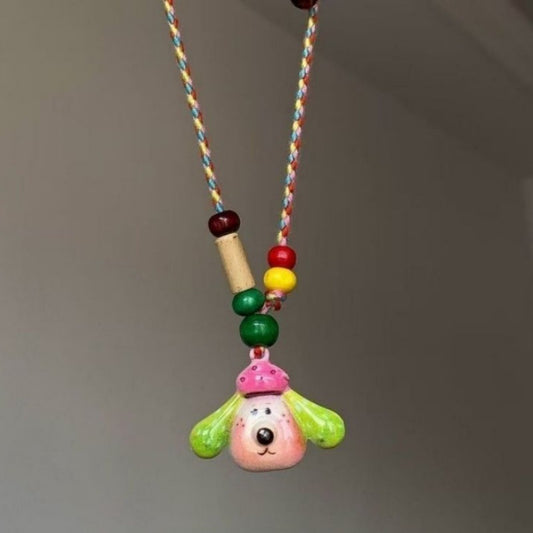 Women's Fun Cute Big Ears Ceramic Puppy Necklace