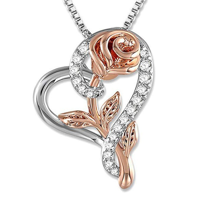 Unique Heart-shaped Red Rose Fashion Diamond Necklace