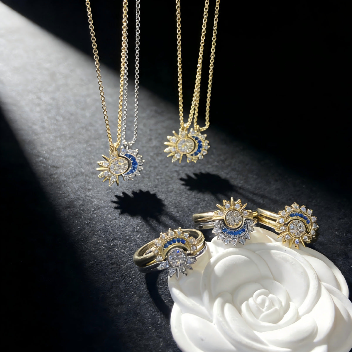 Affordable Luxury Fashion Sun Moon Diamond Star Theme Blue Embellishment Jewelry Set
