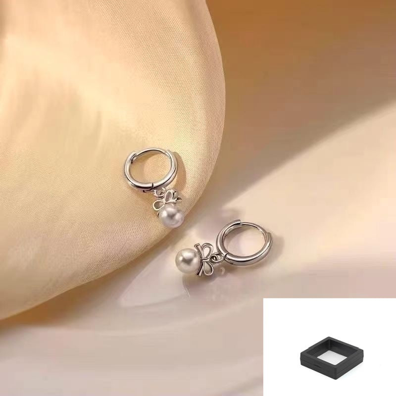 Sier Needle Tassel Bow Artificial Pearl Female Ear Buckle