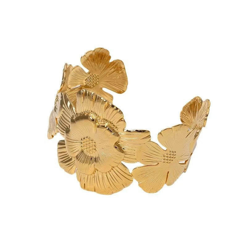 Retro With Opening Metal Exaggerated Design Flower Stainless Steel Bracelets