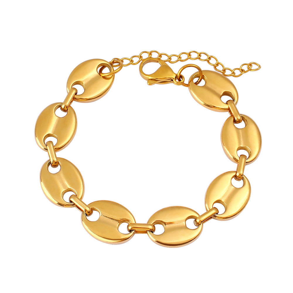 Women's & Men's Hip Hop Coffee Beans Gold Titanium Steel Pig Jewelry Set