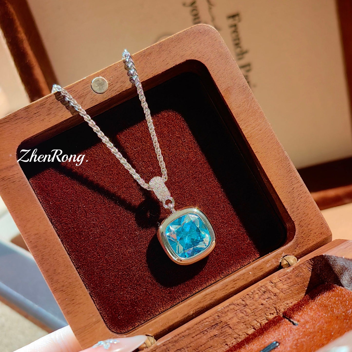 Women's Luxury French Small Square Sugar Cube Ear Aquamarine Plump Rose-red Jewelry Set