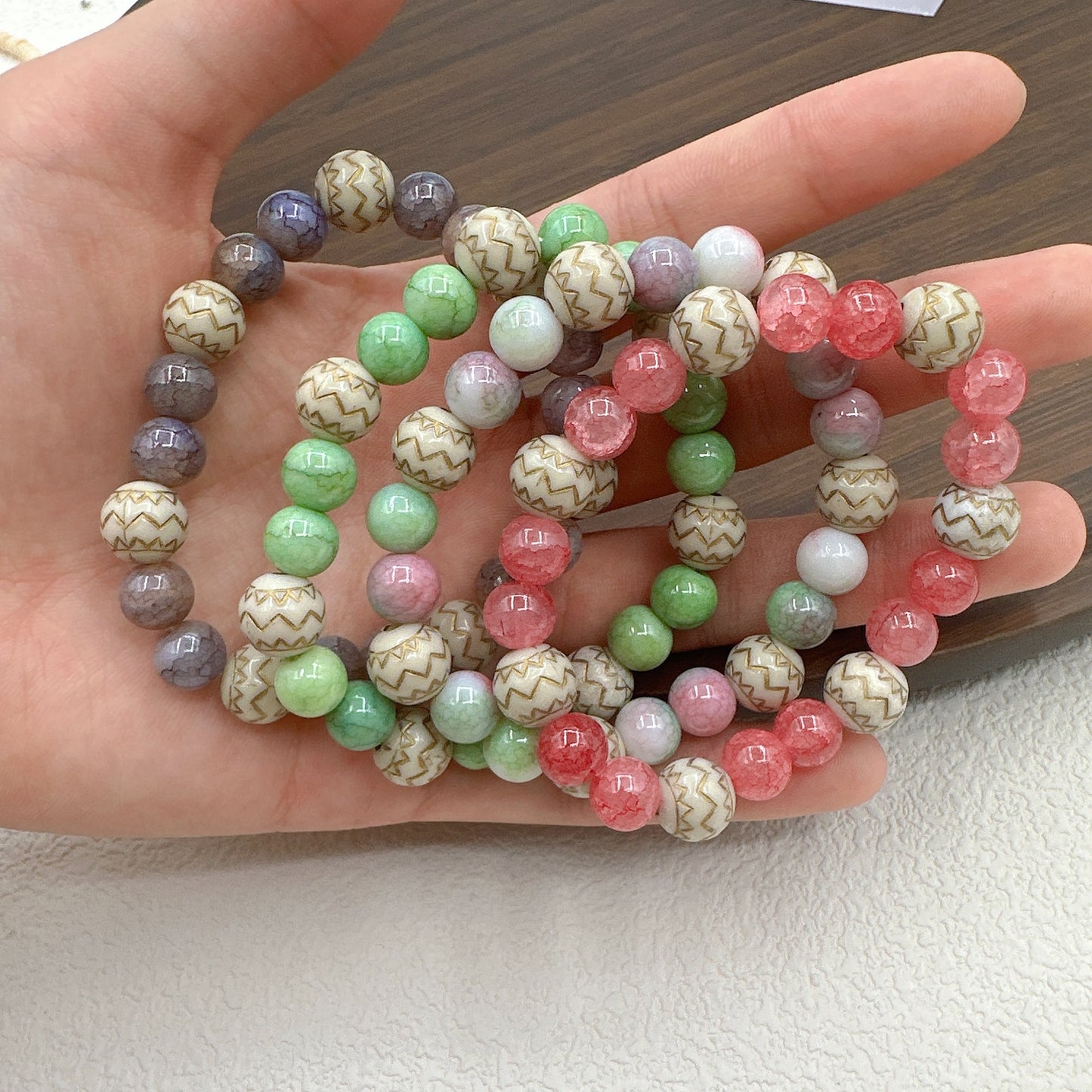 Colorful Beaded Sweet Elegant Pink Round Beads Elastic Bracelets