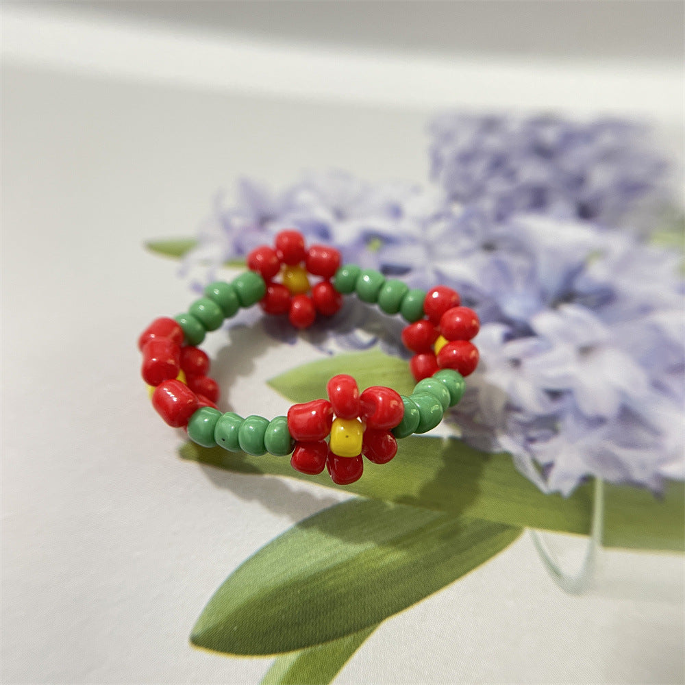 Bead Flower Colorful Woven Small Index Finger Female Rings