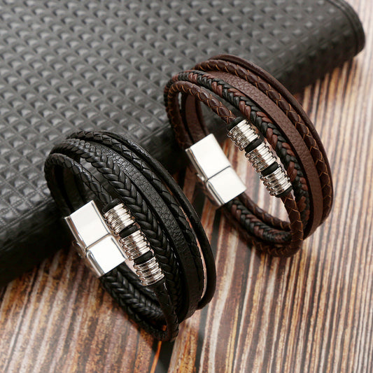 Men's Stainless Steel Woven Leather Magnetic Buckle Bracelets