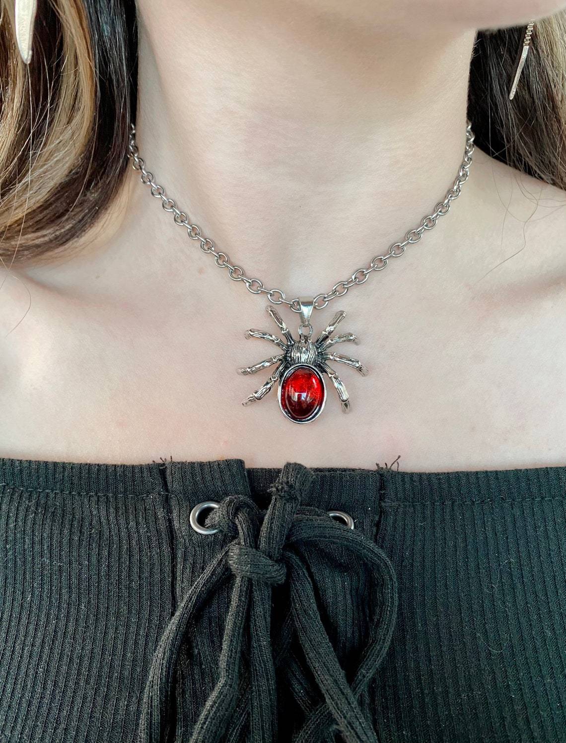 Red Crystal Cute Spider Pendant Punk Rock Necklaces