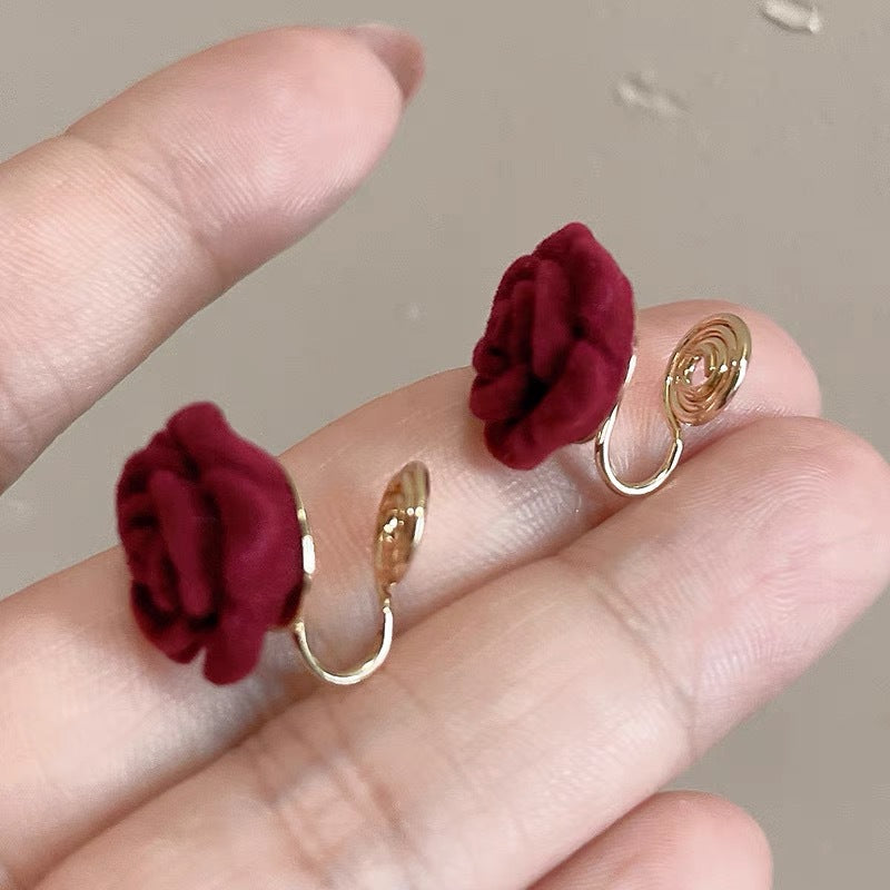 Flocking Vintage Rose High-grade Wine Red Flower Temperament Earrings