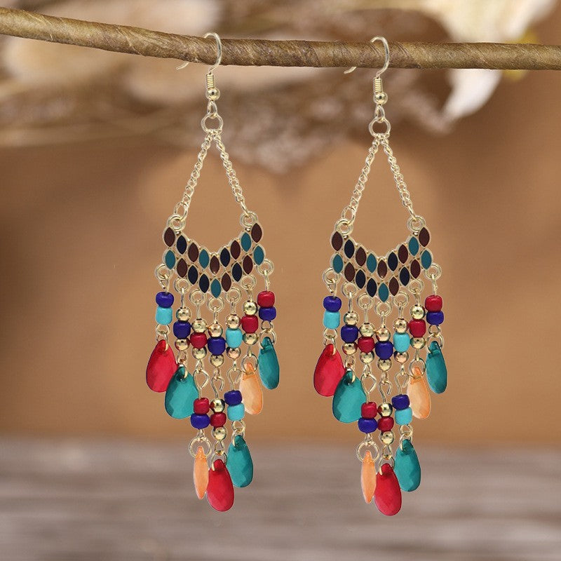 Ethnic Style Tassel Long Bohemian Crystal Yunnan Summer Earrings