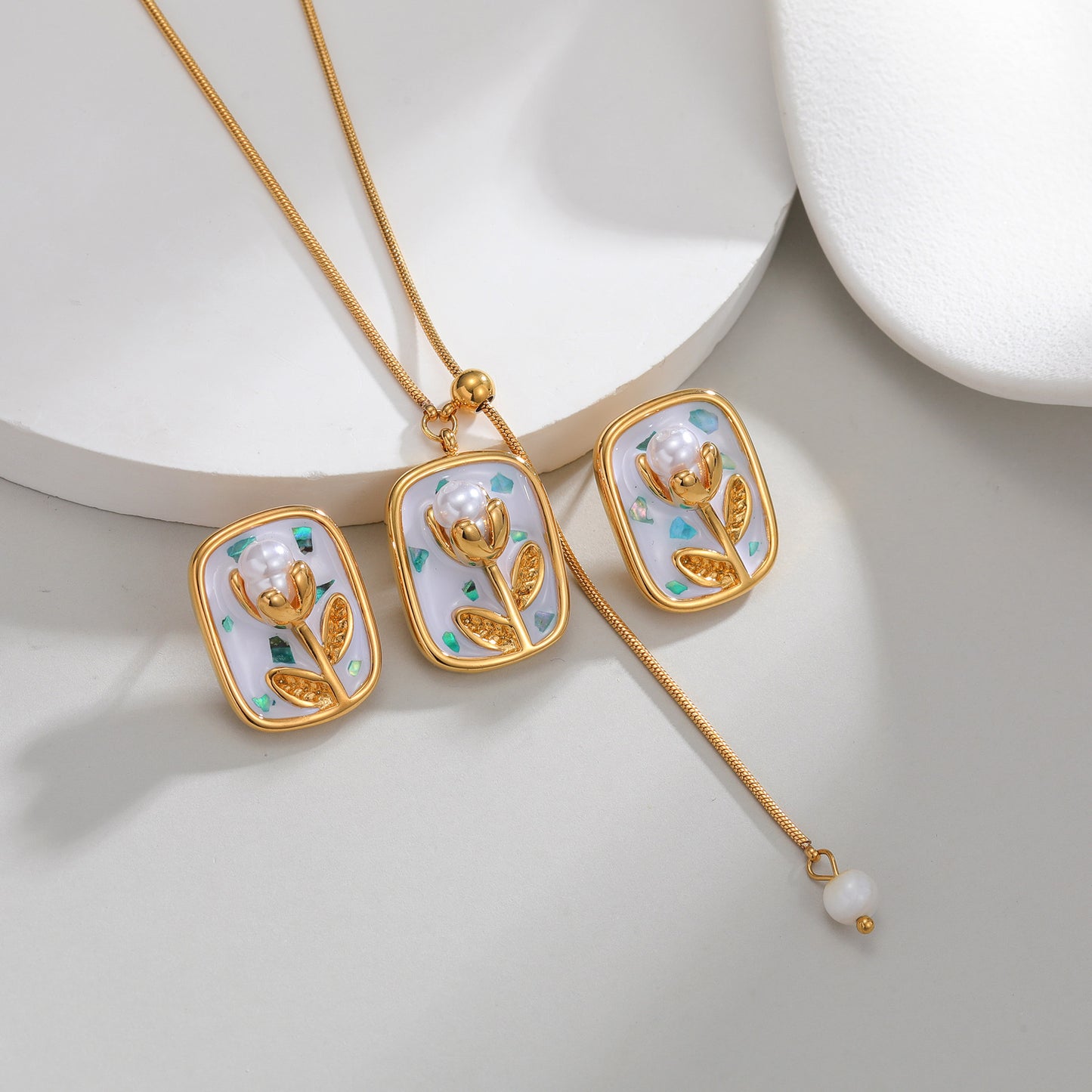 Oil Painting Style Pearl Tulip Light Luxury Jewelry Set