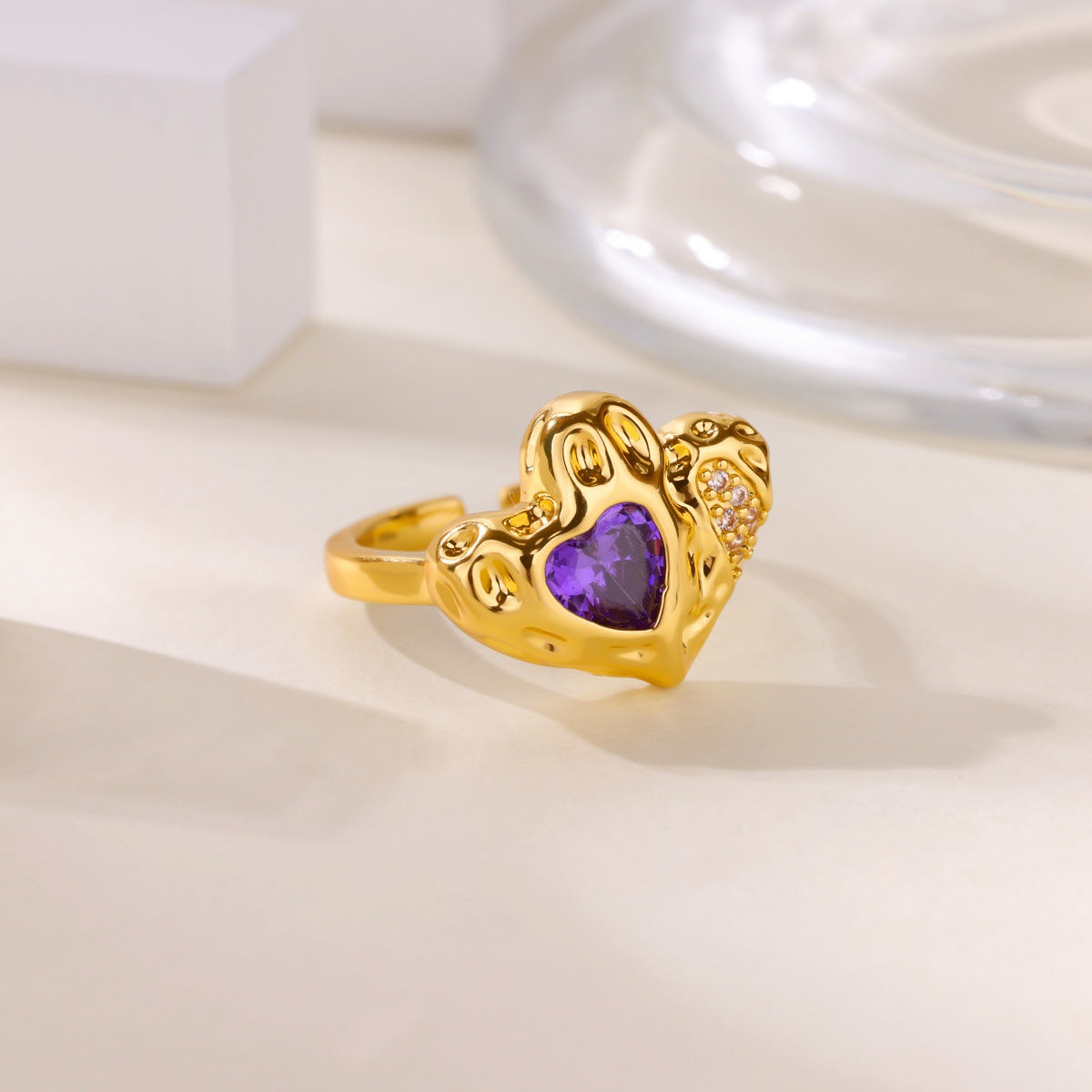 Sweet Loving Heart Purple Bow Zircon Gold-plated Ring