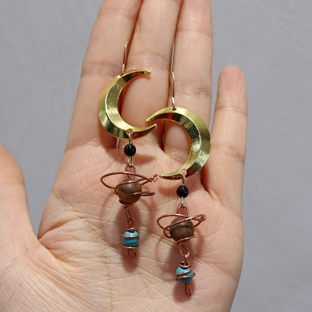 Handmade Natural Beads Earth Saturn Universe Sun Ear Rings